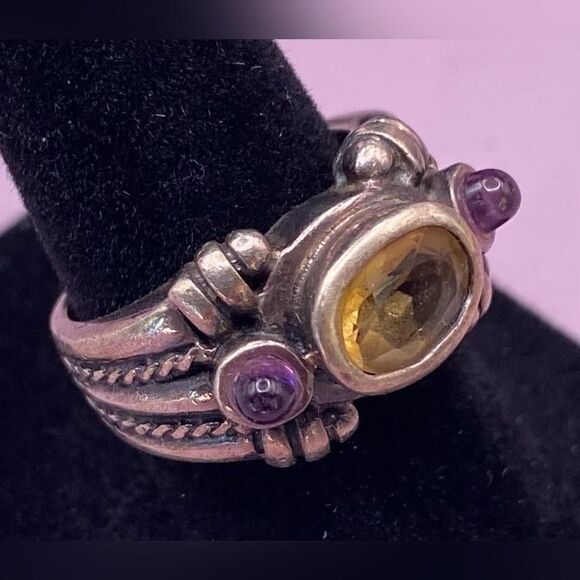 Artisan 925 Sterling Silver Citrine Amethyst Gemstone Ring Boho Ornate Band 5.5 - Picture 2 of 6